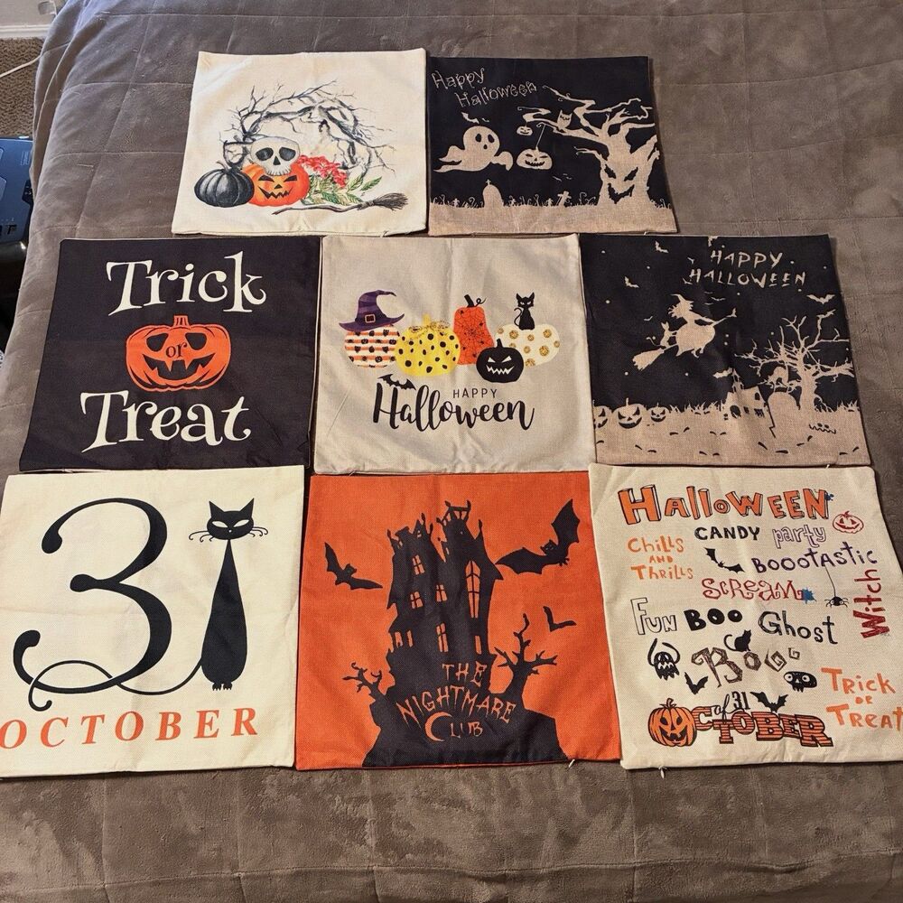 Halloween Throw Pillow Covers Cases Burlap w/zippers set of 8 (18" x 18")